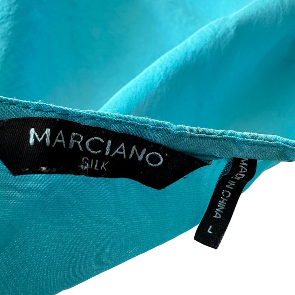MARCIANO Silk Dolman Sleeve Smocked Waist Top Teal Blue Women Large Y2K - Picture 7 of 8